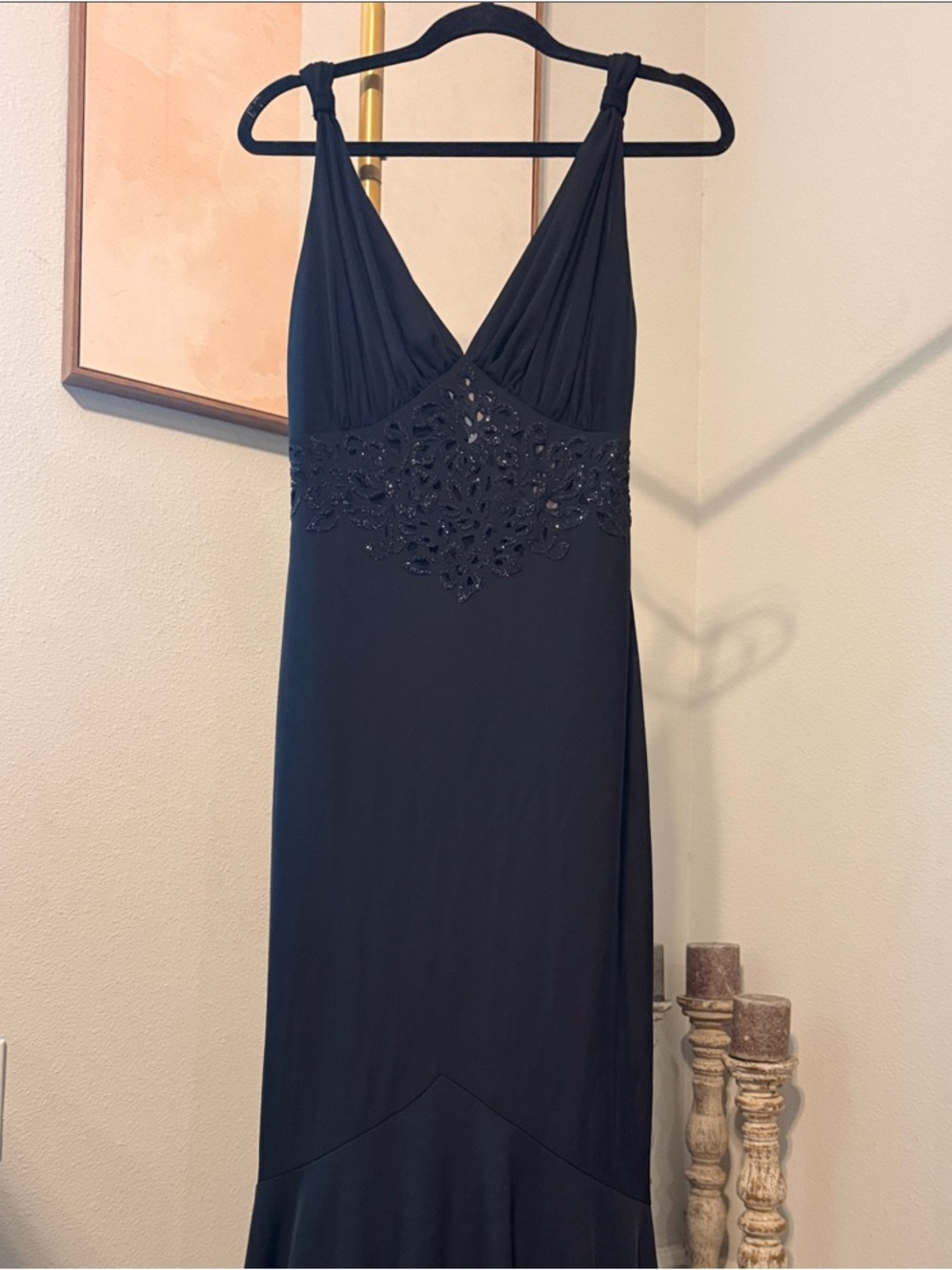 Tadashi Elegant Black Beaded V-Neck Evening Dress size M